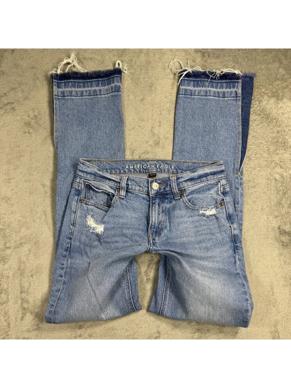 American Eagle 90s Low Rise Skinny Kick Jeans Sz 2 Bootcut Frayed Hem Light Wash